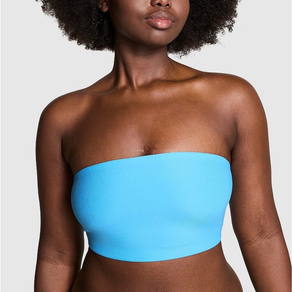 PINK Bralette Base Stretch Micro Ribbed Sky Blue Bandeau Bra Small